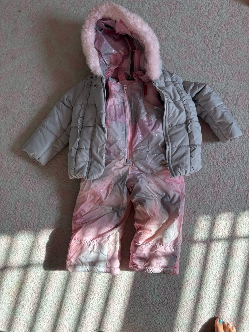 London Fog Girls Pink Faux Fur-Trimmed Silver Puffer Jacket and Snowsuit